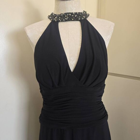 Cachet Vtg. Blk Ruched Waist, Sequin Neck Halter Dress, A Line Skirt, NWT, SZ.10 - Picture 2 of 9